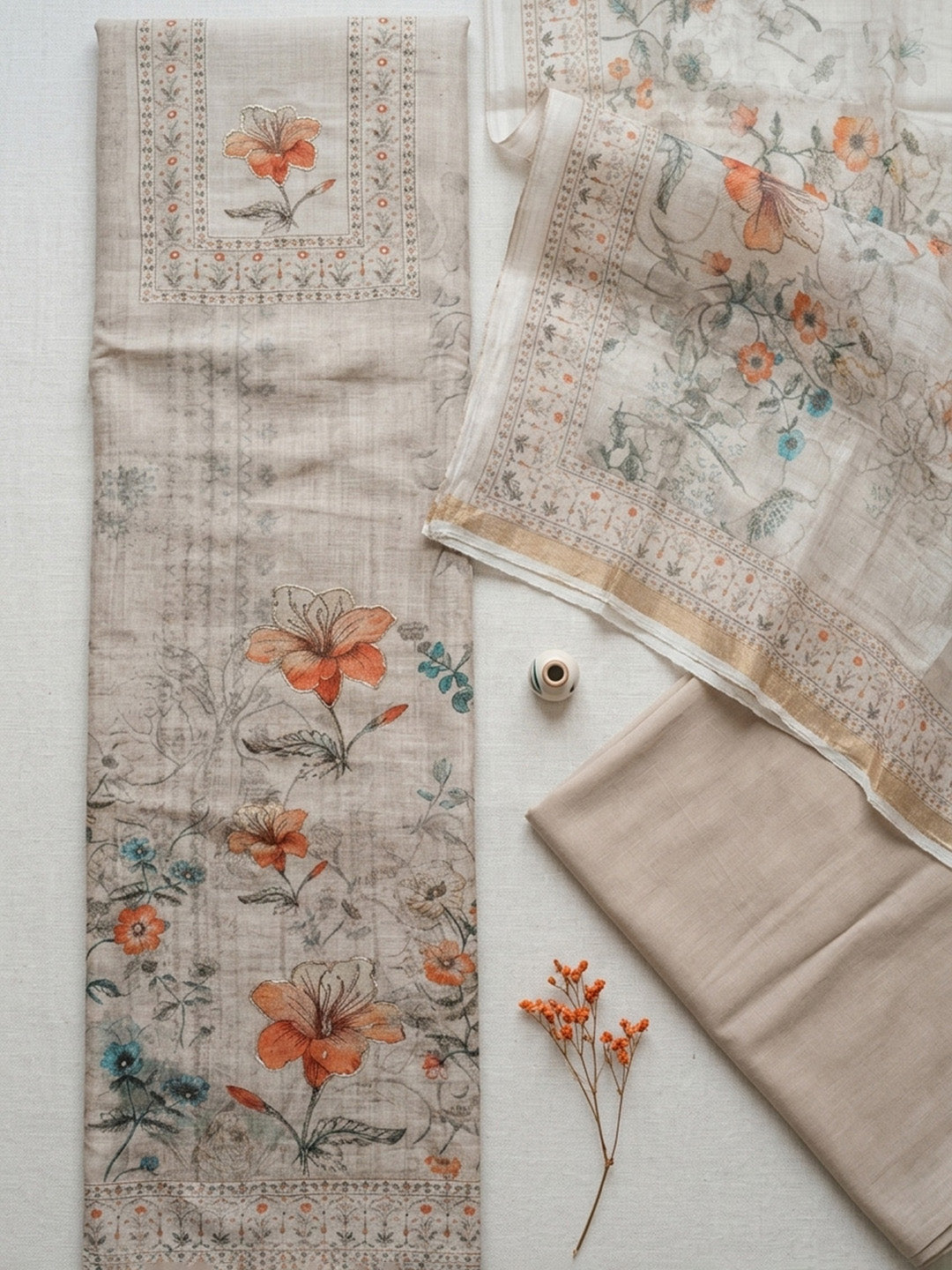 Printed Linen Blend Unstitched Suit With Pant &amp; Dupatta