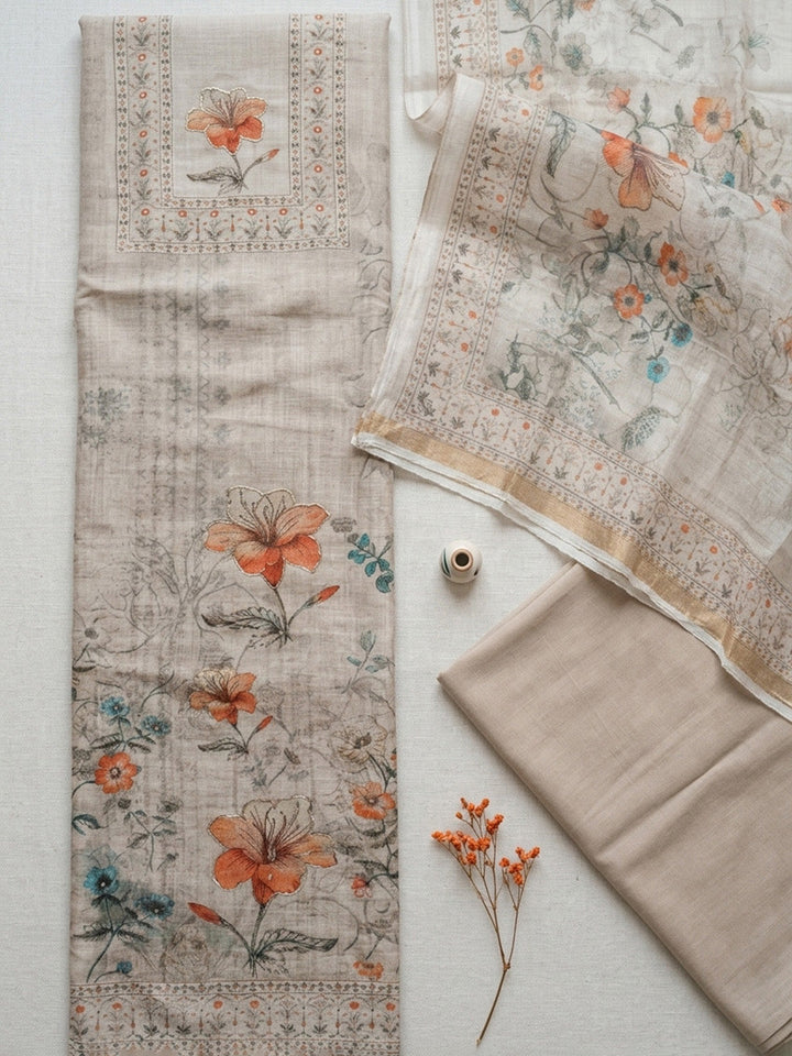 Printed Linen Blend Unstitched Suit With Pant &amp; Dupatta