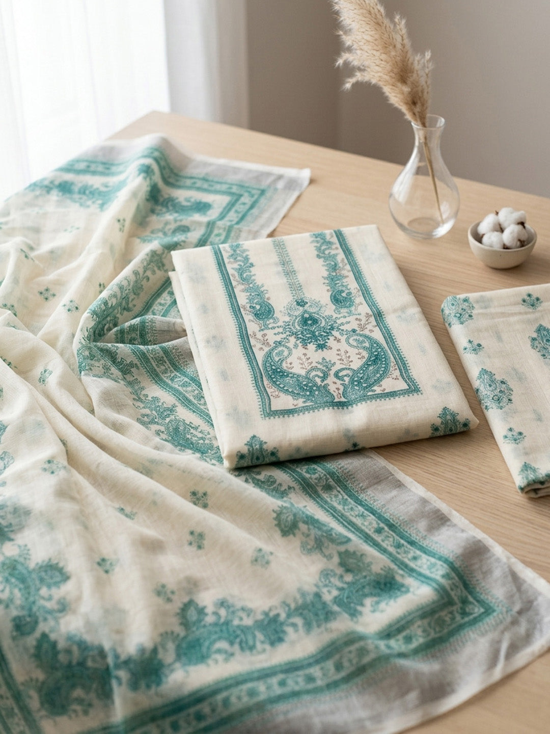 Embroidered Linen Blend Unstitched Suit With Pant &amp; Dupatta