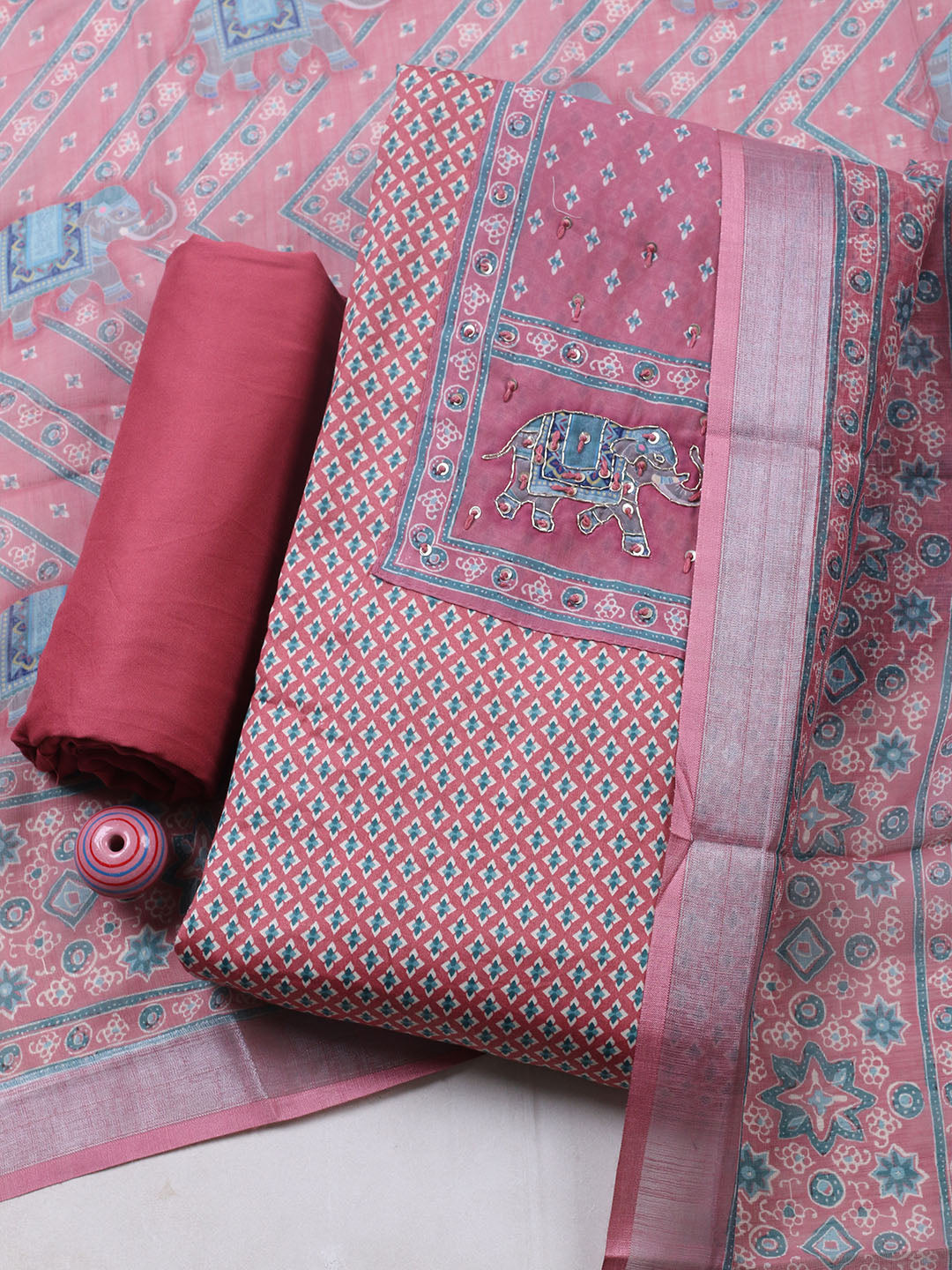 Printed Cotton Blend Unstitched Suit With Pant &amp; Dupatta