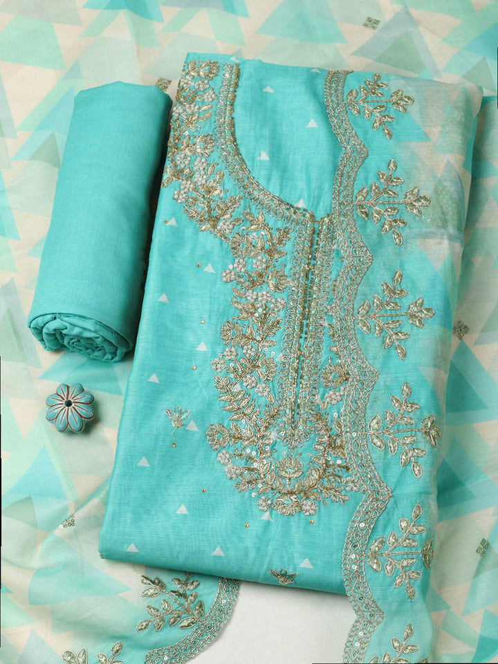 Embroidered Chanderi Unstitched Suit With Pant &amp; Dupatta