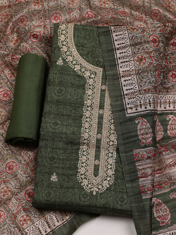 Embroidered Art Silk Unstitched Suit With Dupatta