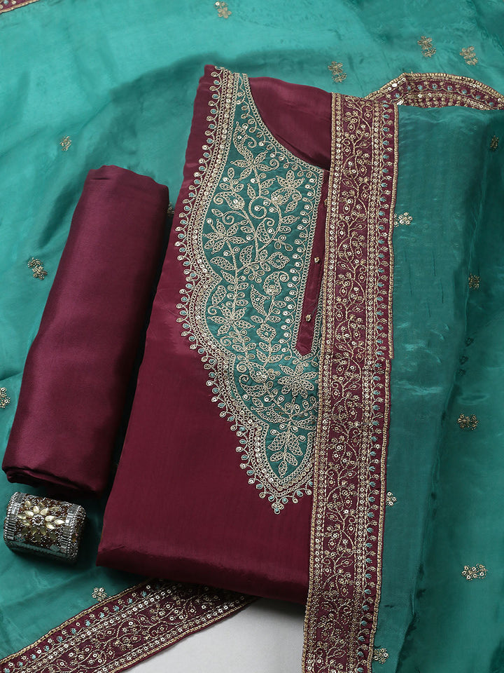 Embroidered Chanderi Unstitched Suit With Pant &amp; Dupatta