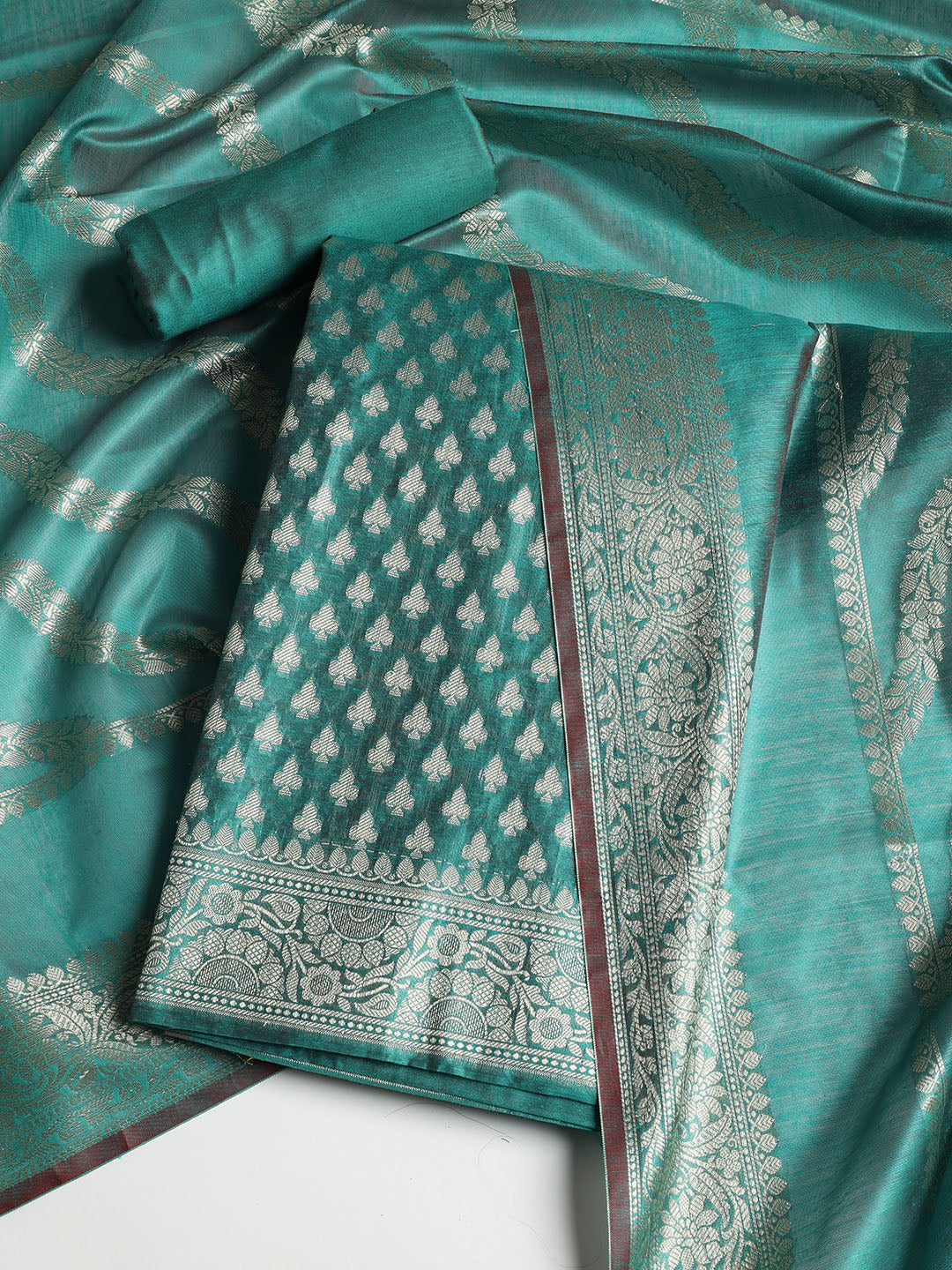 Woven Banarasi Chanderi Unstitched Suit With Dupatta