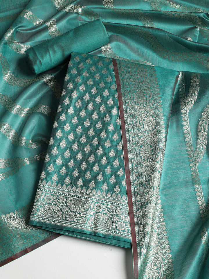 Woven Banarasi Chanderi Unstitched Suit With Dupatta