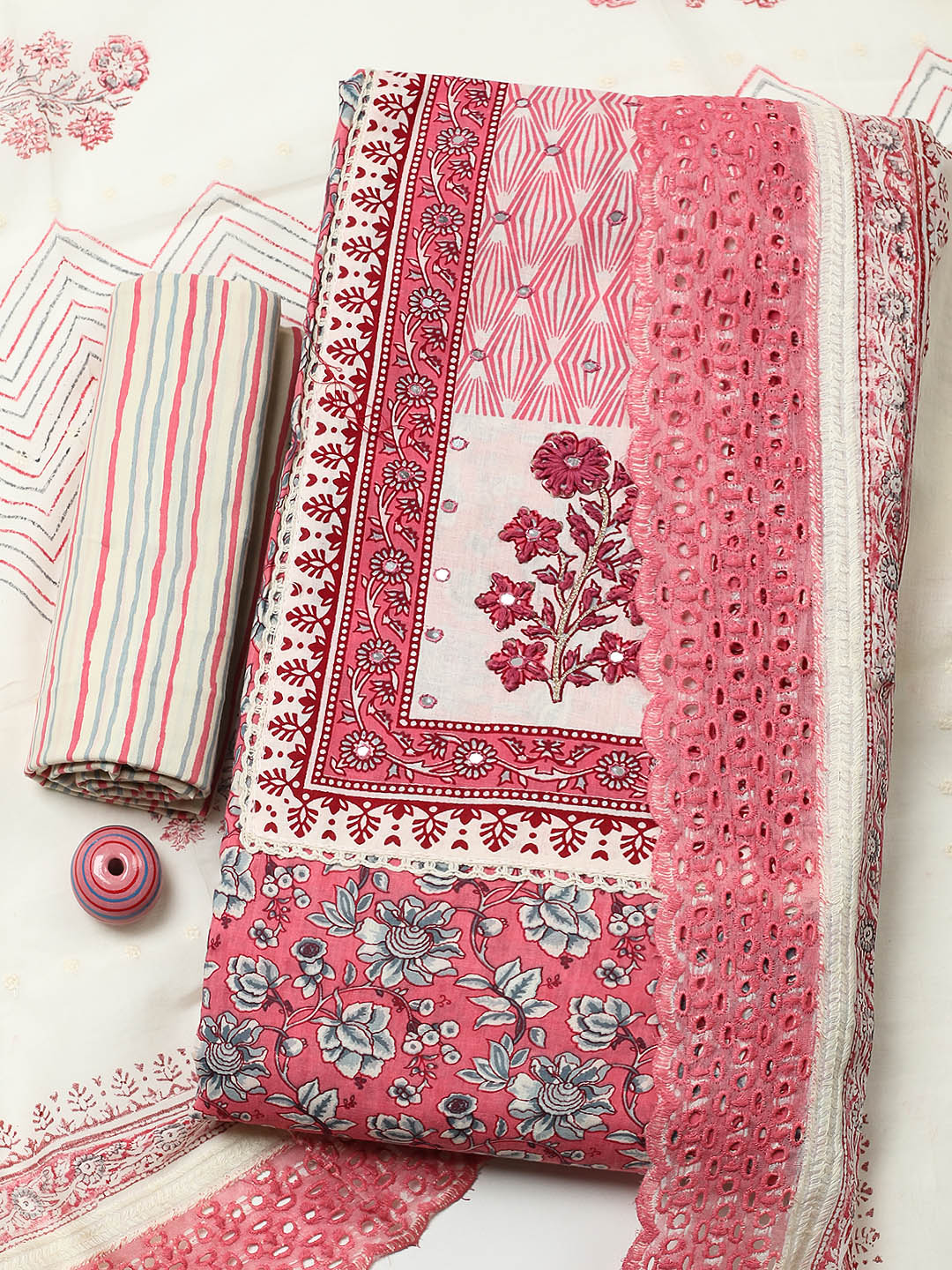 Printed Cotton Blend Unstitched Suit With Pant &amp; Dupatta