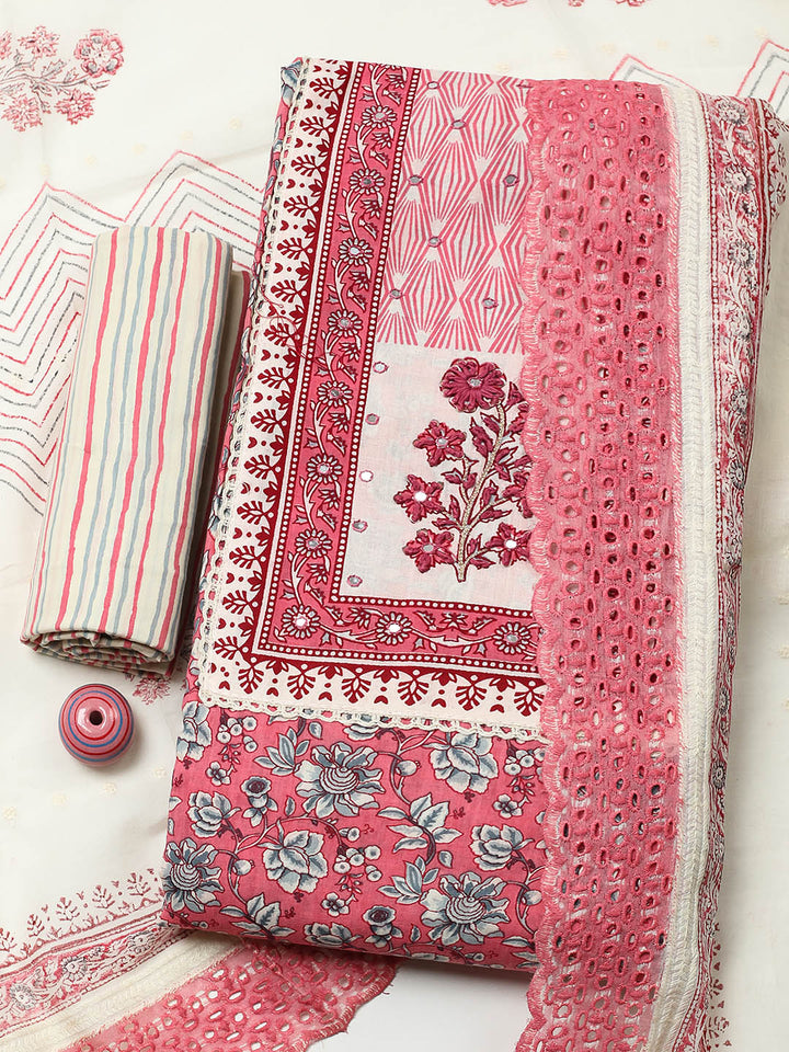 Printed Cotton Blend Unstitched Suit With Pant &amp; Dupatta