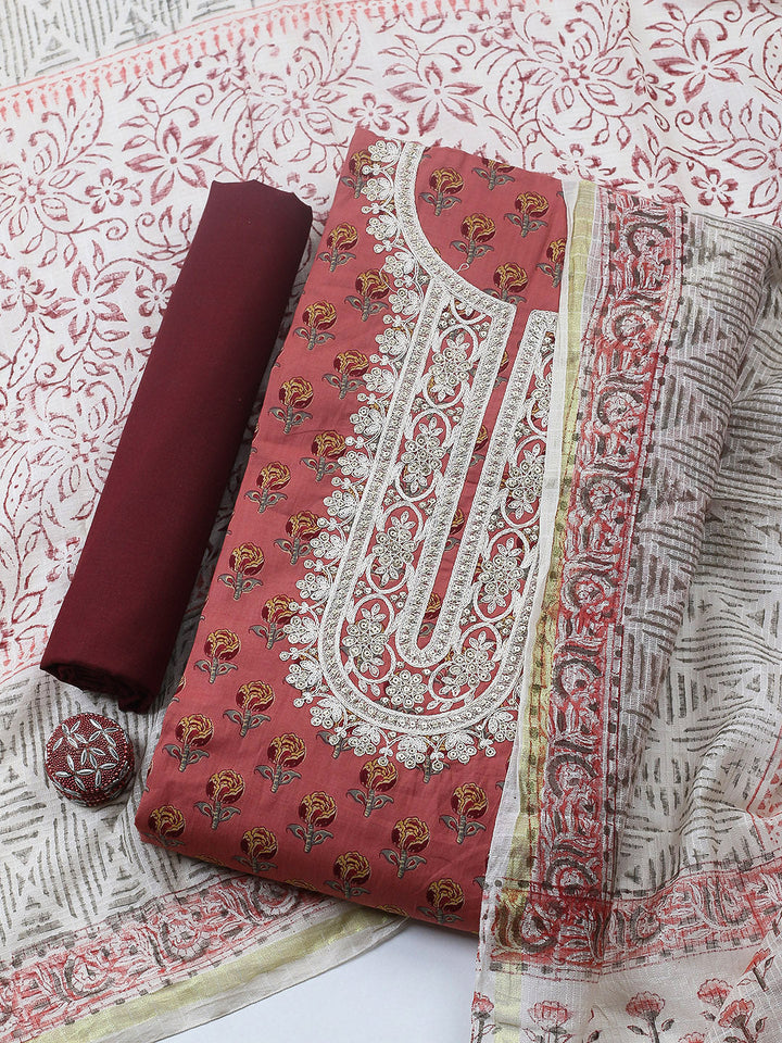 Printed Cotton Blend Unstitched Suit With Pant &amp; Dupatta