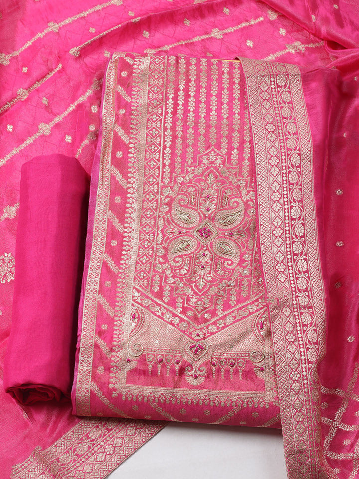 Woven Design Chanderi Unstitched Kurta With Pant &amp; Dupatta