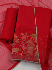 Woven Design Chanderi Red Unstitched Suit With Pant & Dupatta
