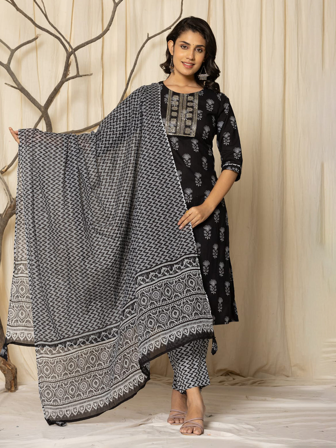 Printed Cotton Blend Kurta With Pants &amp; Dupatta