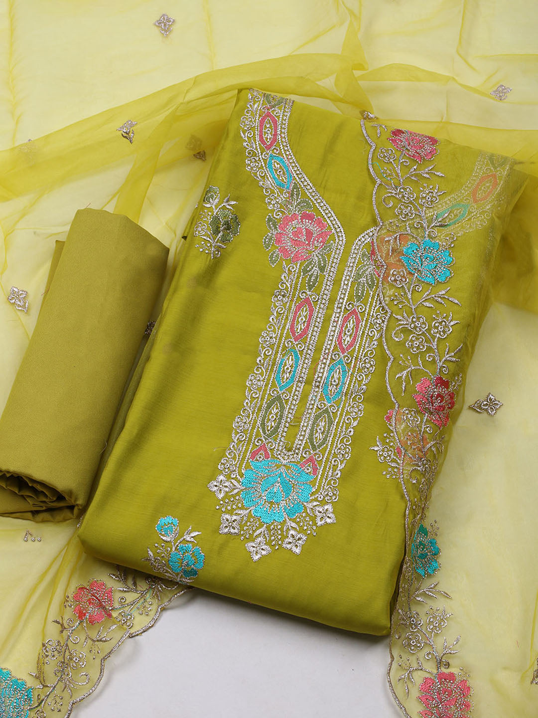 Embroidered Chanderi Unstitched Suit With Dupatta