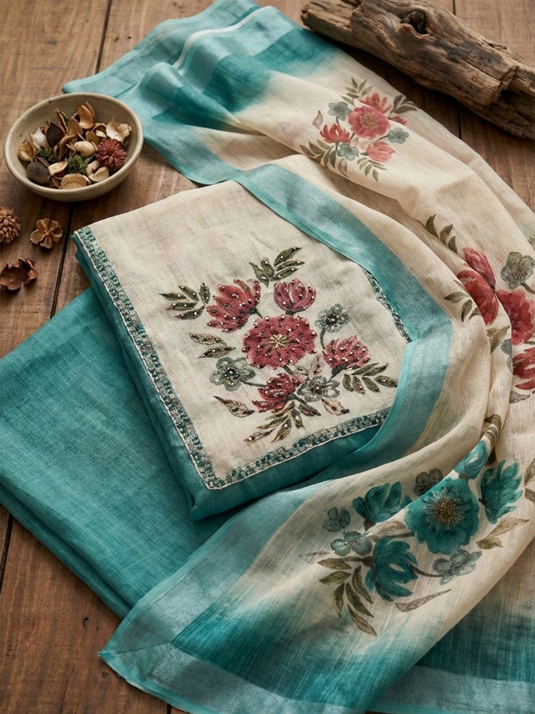 Embroidered Cotton Blend Unstitched Suit With Pant &amp; Dupatta