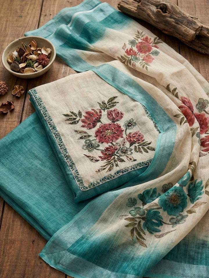 Embroidered Cotton Blend Unstitched Suit With Pant &amp; Dupatta