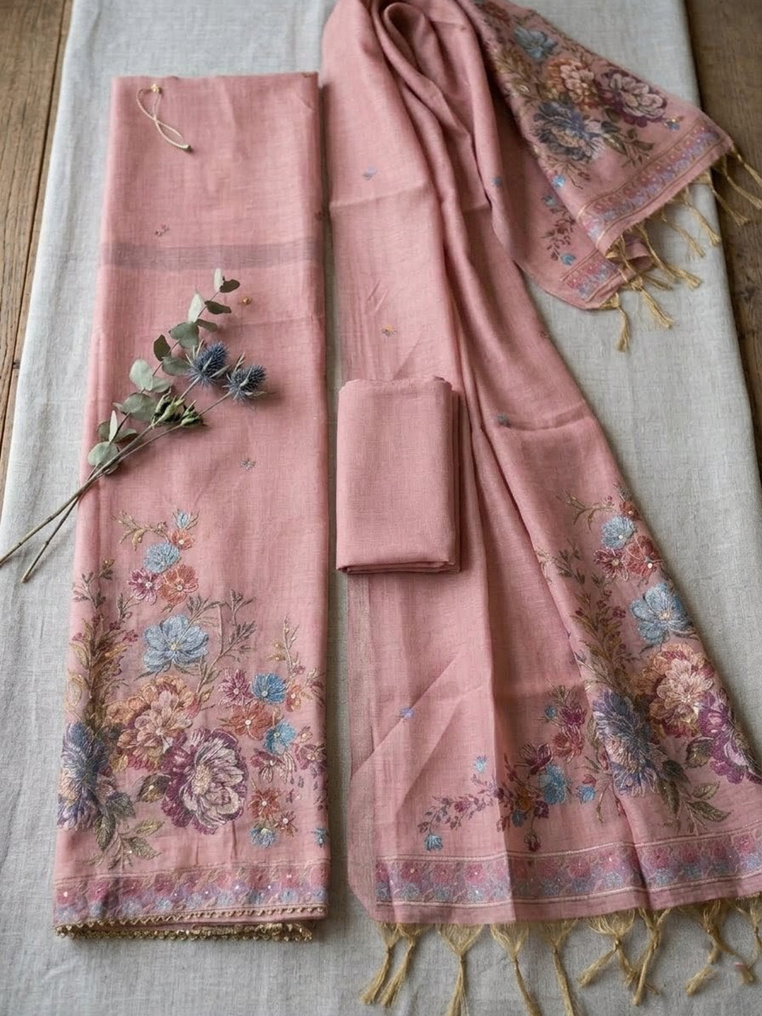 Embroidered Chanderi Unstitched Suit With Pant &amp; Dupatta