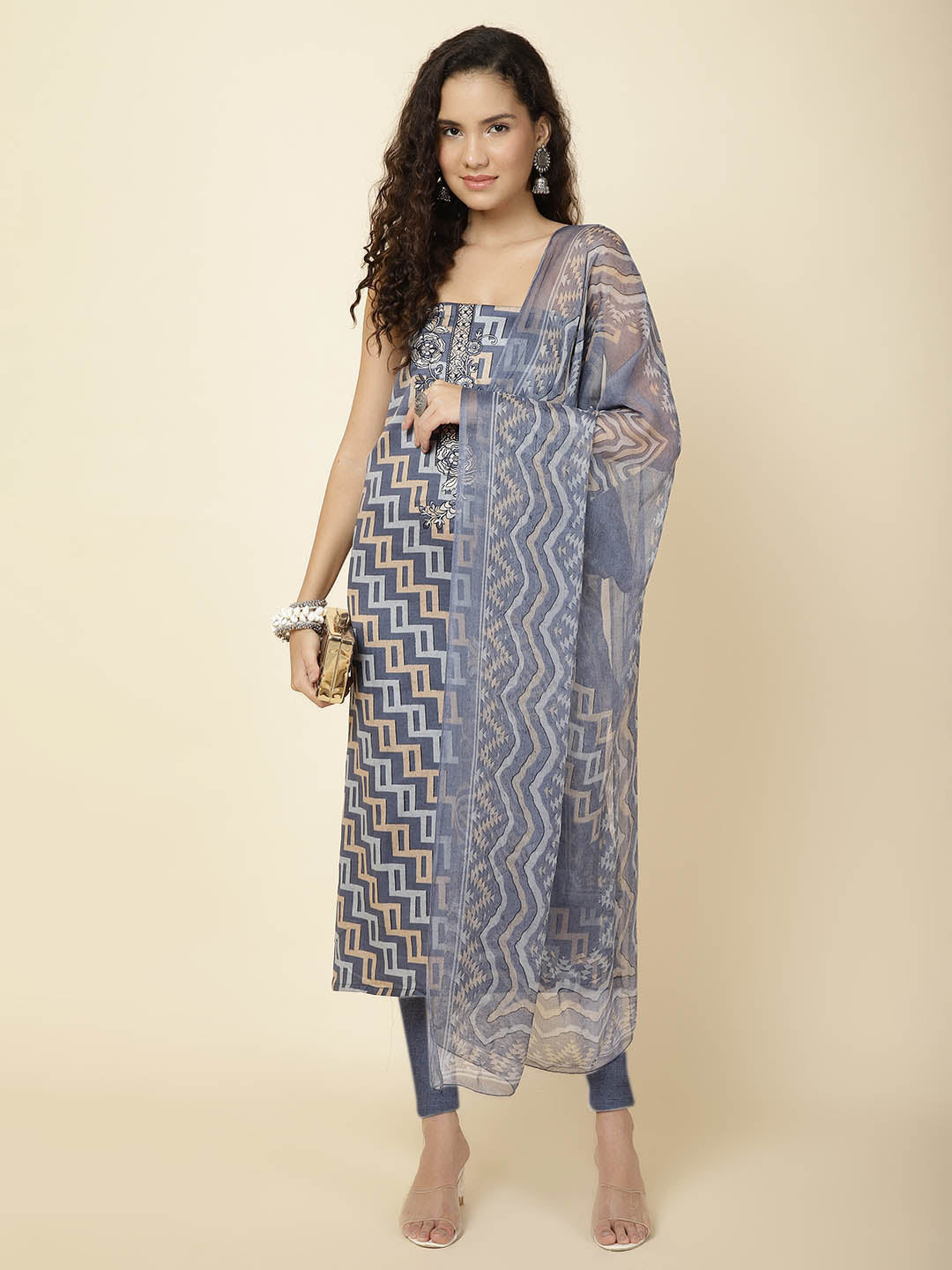 Neck Embroided Cotton Blend Unstitched Suit With Dupatta