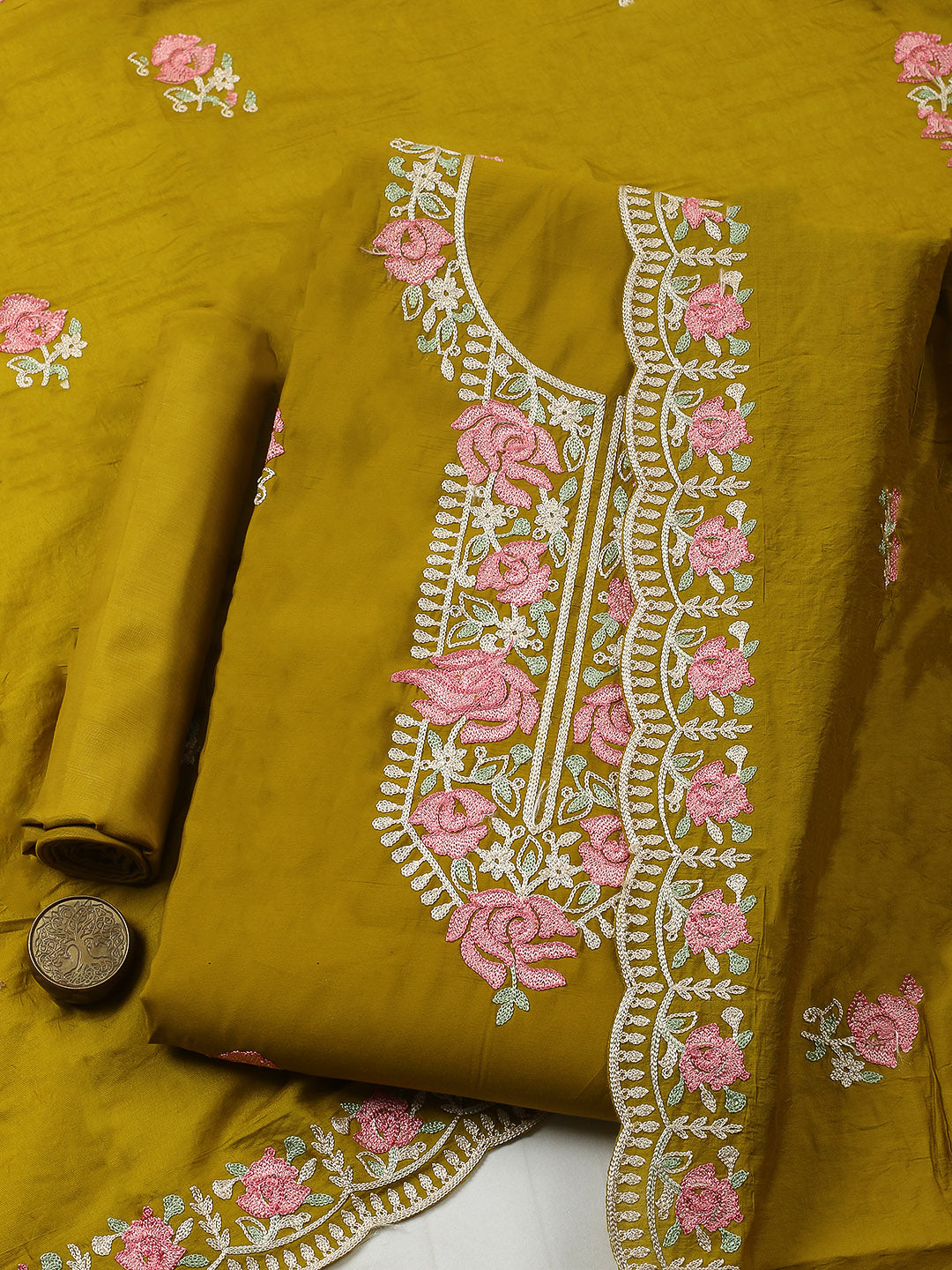 Embroidered Chanderi Unstitched Suit With Pant &amp; Dupatta