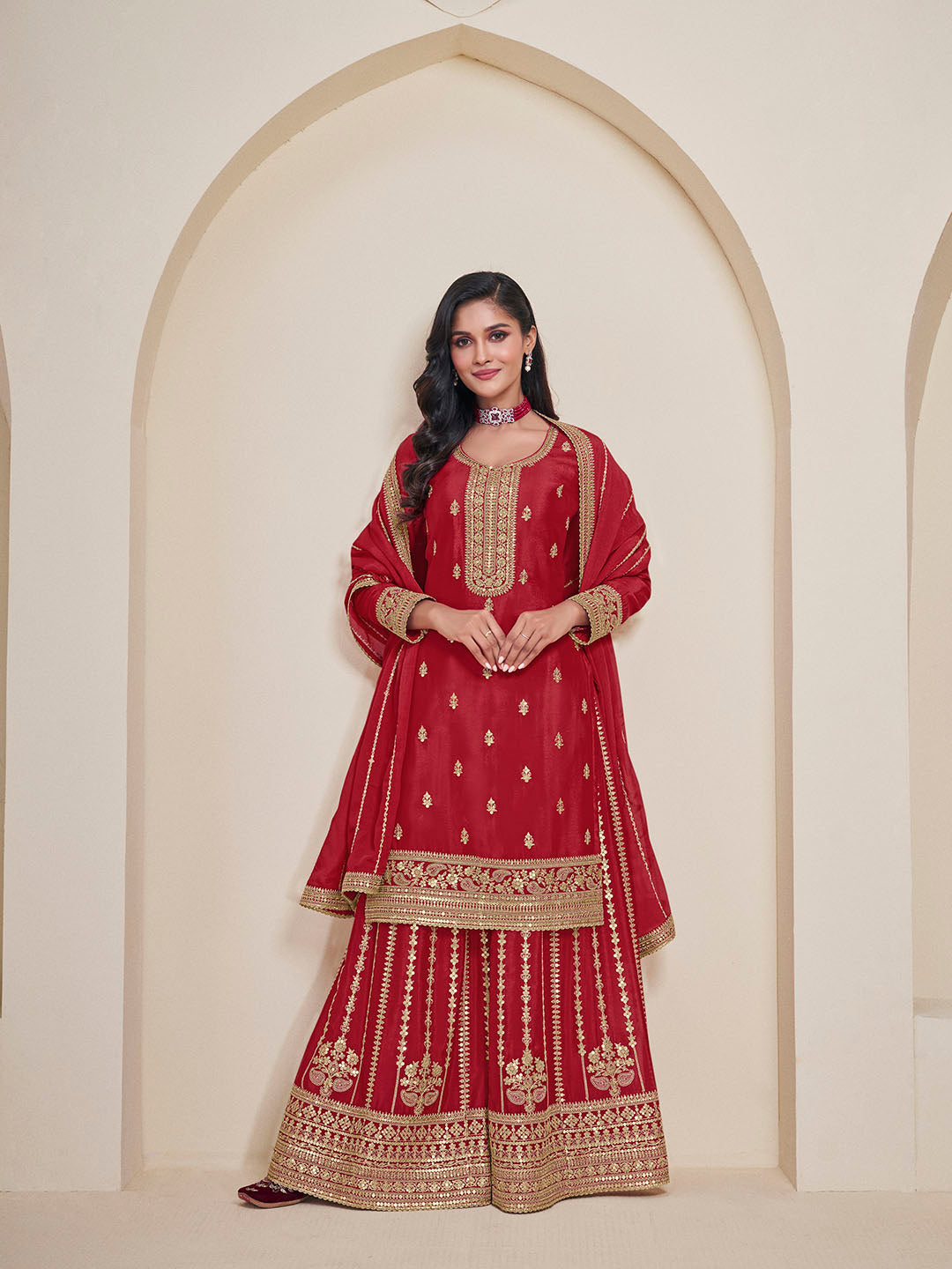 Embroidered Chinon Unstitched Suit With Pant &amp; Dupatta