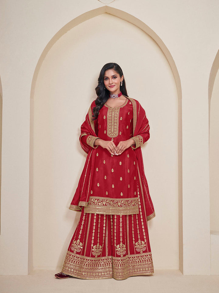 Embroidered Chinon Unstitched Suit With Pant &amp; Dupatta