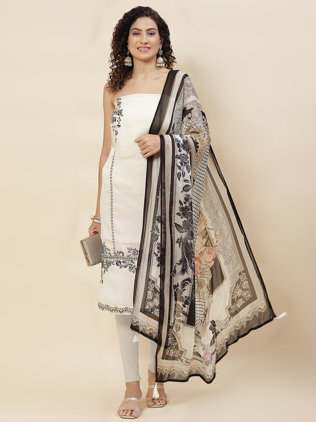 Embroidered Crepe Unstitched Suit Piece With Dupatta