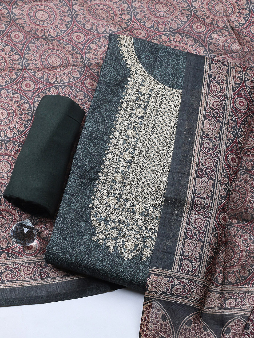 Embroidered Cotton Blend Unstitched Suit With Pant &amp; Dupatta