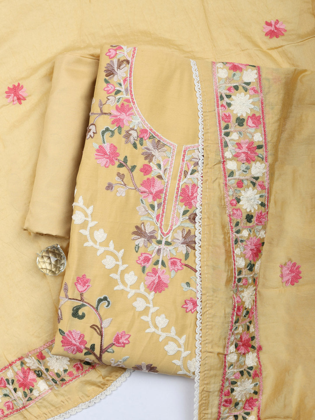 Embroidered Chanderi Unstitched Suit With Pant &amp; Dupatta