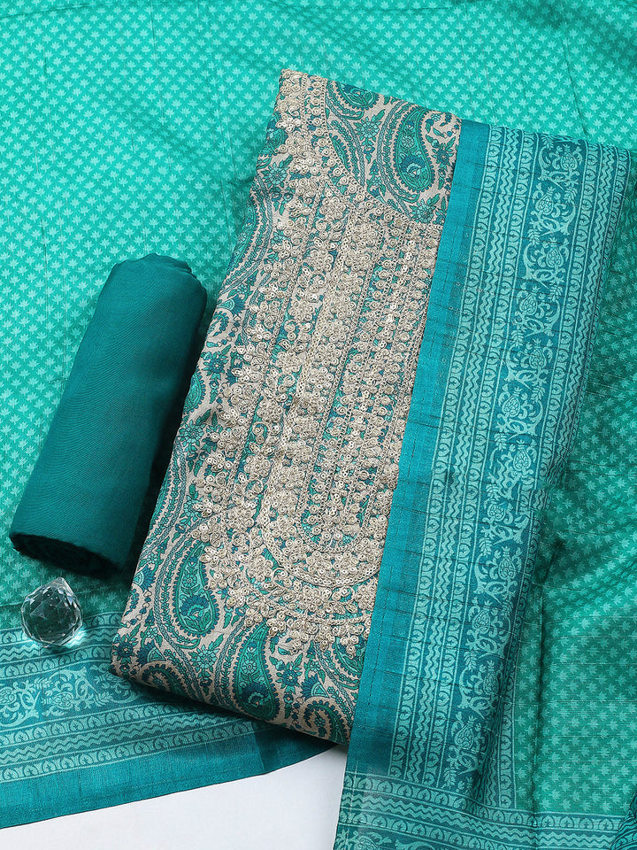Embroidered Cotton Blend Unstitched Suit With Pant &amp; Dupatta