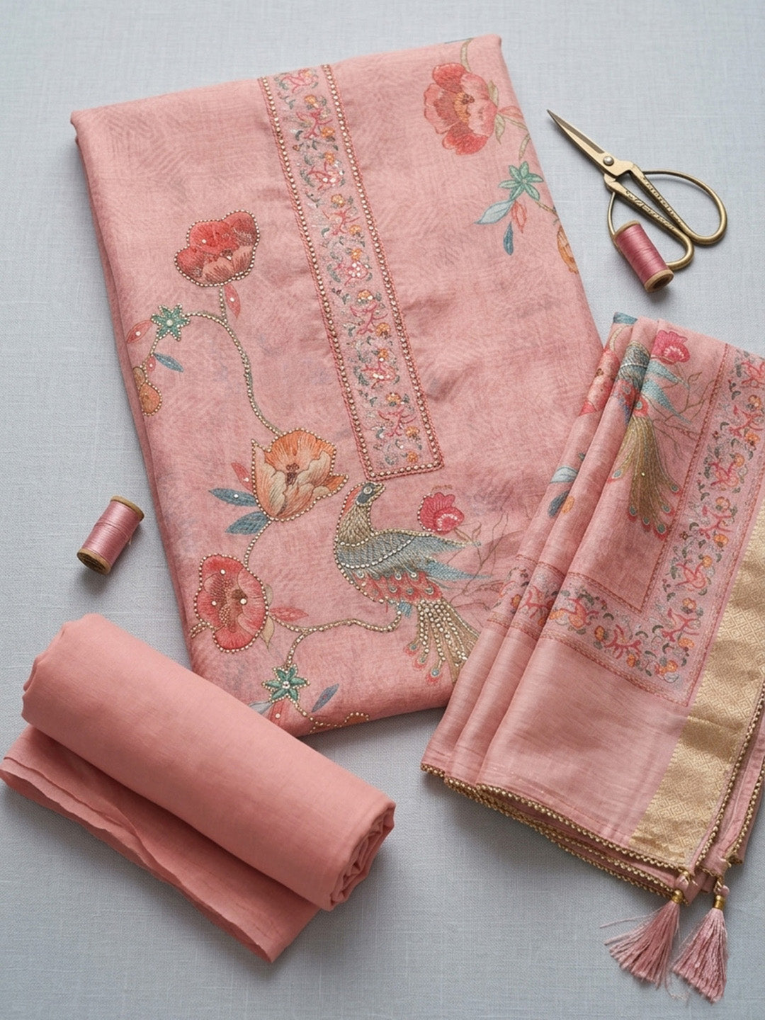 Printed Chanderi Unstitched Suit With Pant &amp; Dupatta