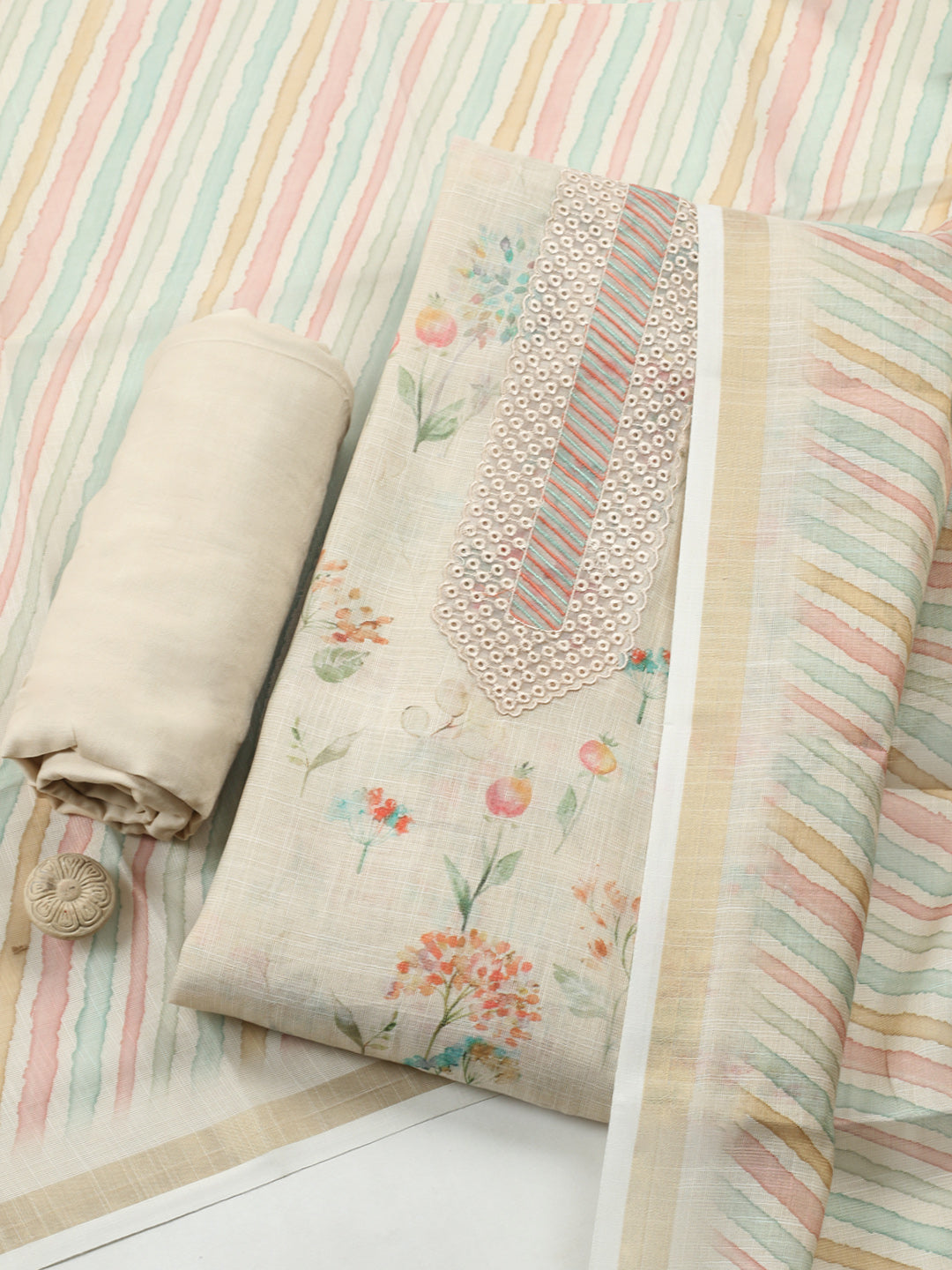 Printed Linen Blend Unstitched Suit With Pant &amp; Dupatta