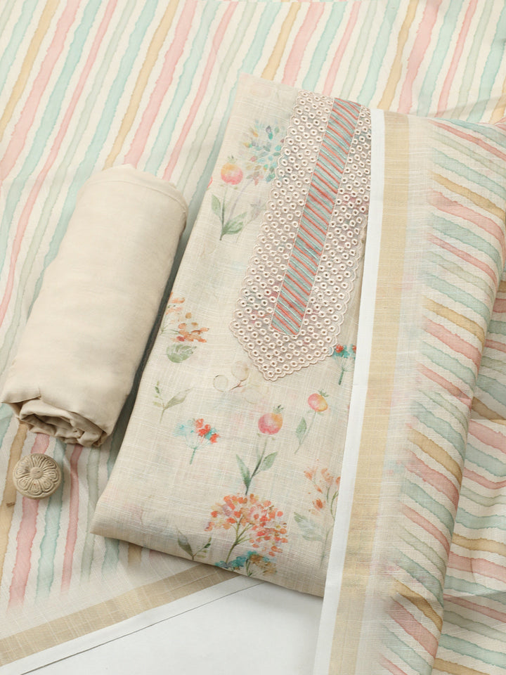 Printed Linen Blend Unstitched Suit With Pant &amp; Dupatta