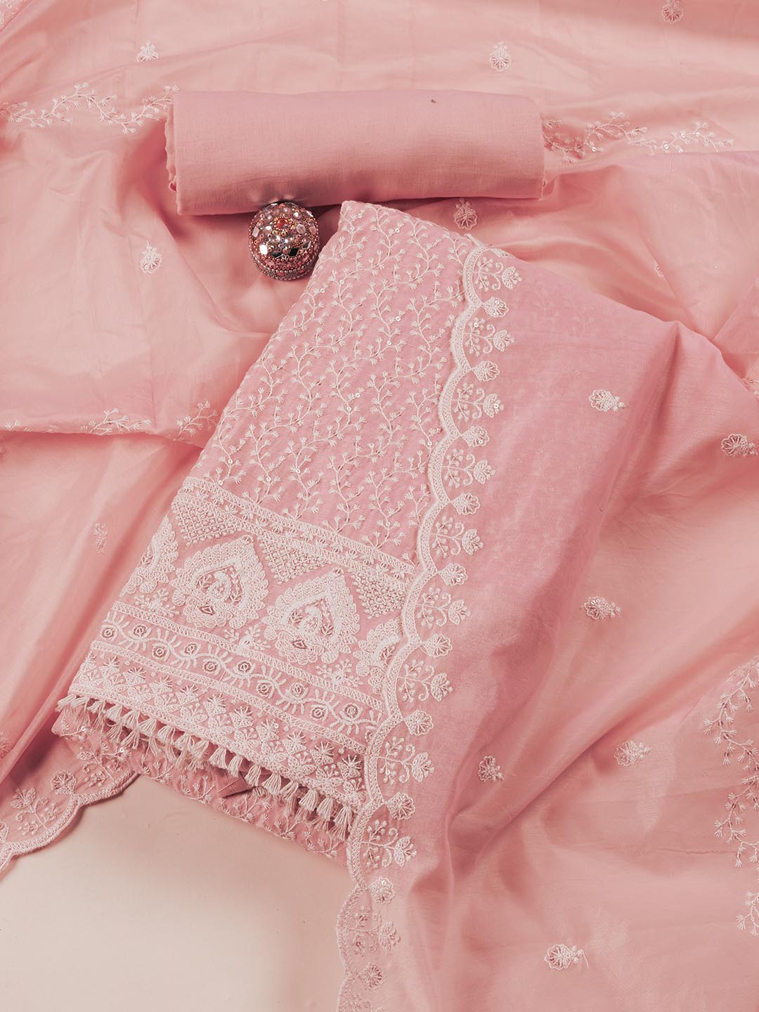 Embroidered Chanderi Unstitched Suit Piece With Dupatta