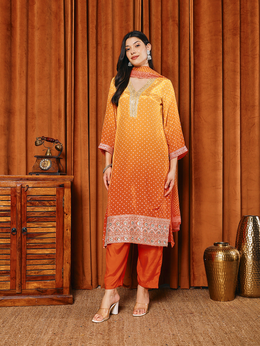 Bandhani Printed Crepe Kurta With Pants &amp; Dupatta