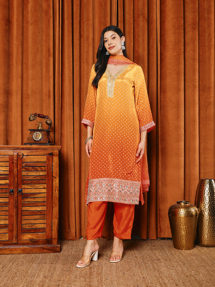 Bandhani Printed Crepe Kurta With Pants &amp; Dupatta