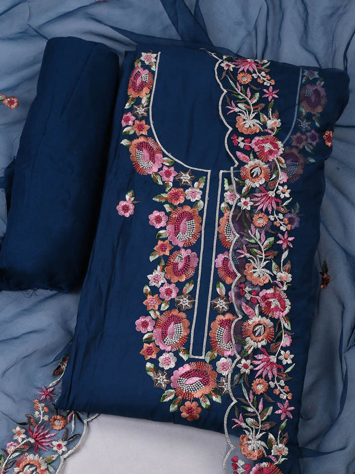 Embroidered Chanderi Unstitched Suit With Pant &amp; Dupatta
