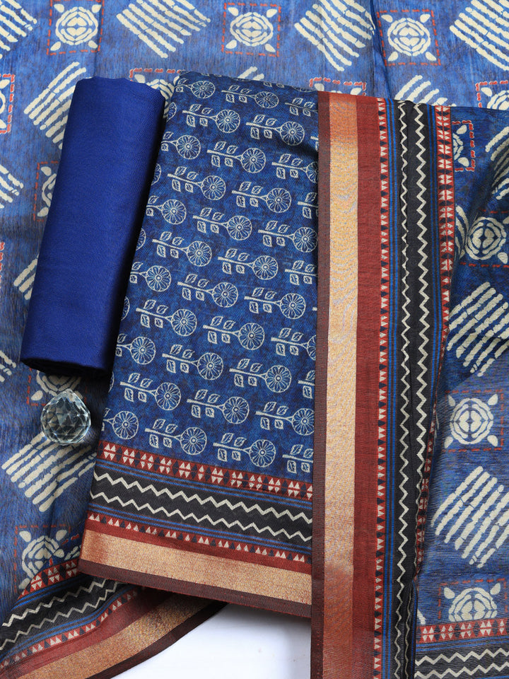 Printed Cotton Blend Unstitched Suit With Pant &amp; Dupatta