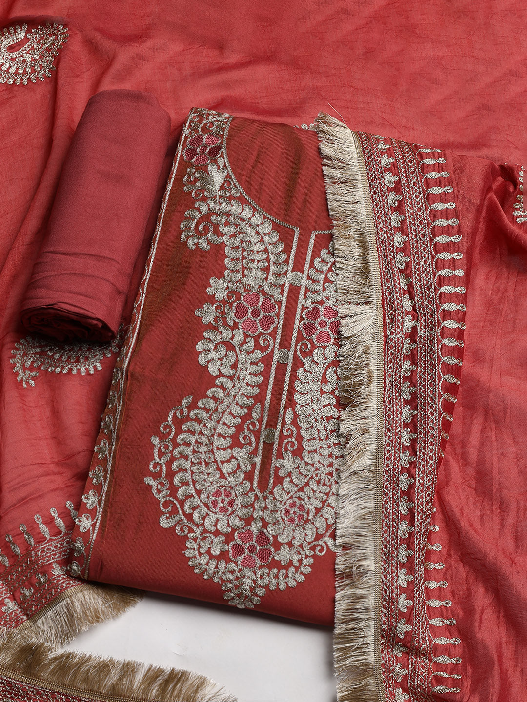 Embroidered Chanderi Unstitched Suit With Dupatta