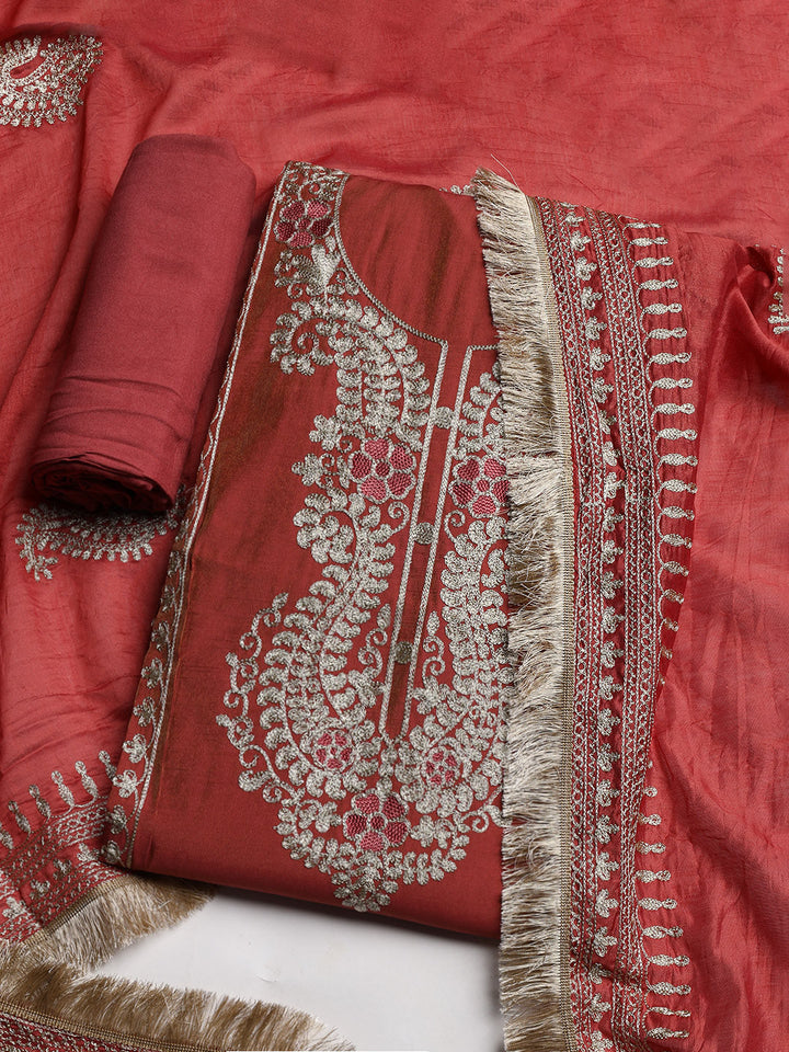 Embroidered Chanderi Unstitched Suit With Dupatta