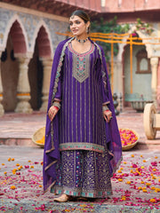Embroidered Chinon Kurta With Plazzo & Dupatta