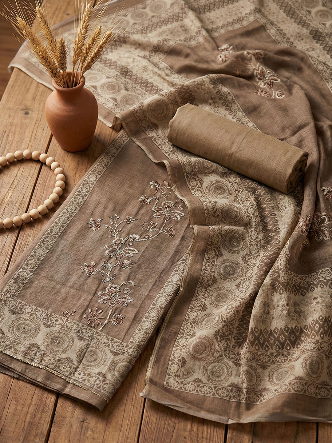 Embroidered Linen Blend Unstitched Suit With Pant &amp; Dupatta