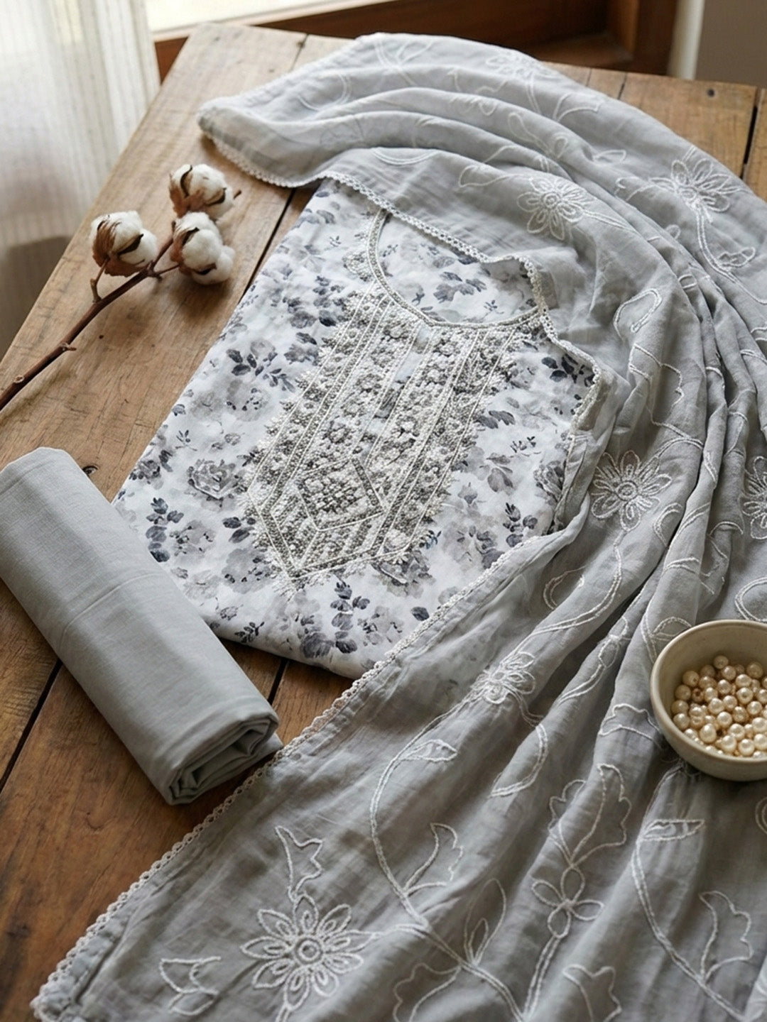 Printed Cotton Blend Unstitched Suit With Pant &amp; Dupatta
