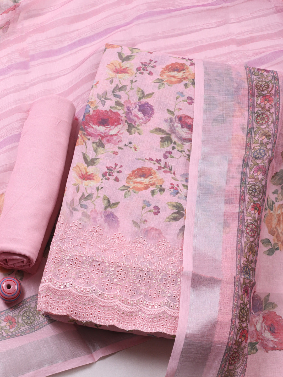Embroidered Linen Blend Unstitched Suit With Pant &amp; Dupatta