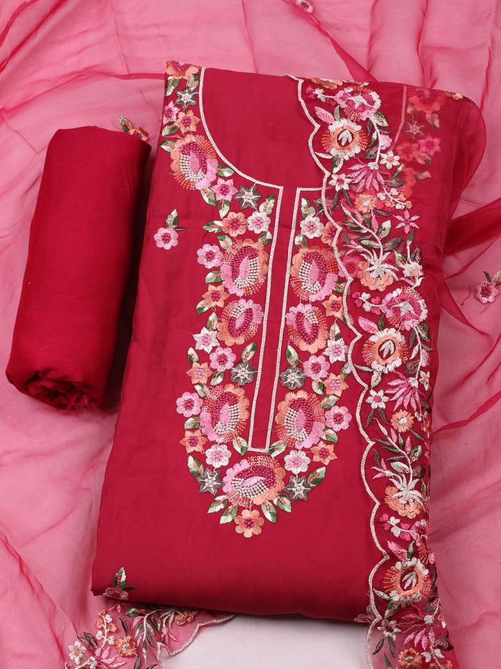 Embroidered Chanderi Unstitched Suit With Pant &amp; Dupatta