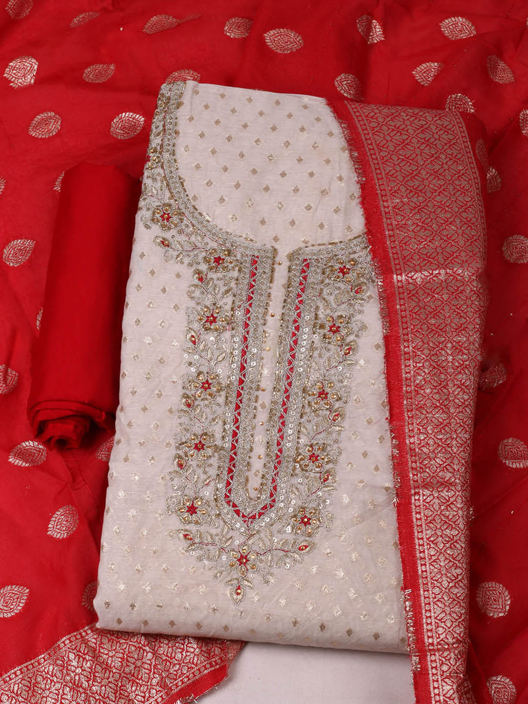 Embroidered Chanderi Unstitched Suit With Pant &amp; Dupatta