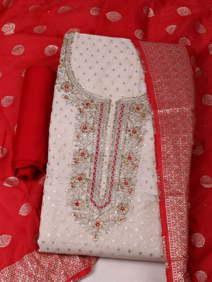 Embroidered Chanderi Unstitched Suit With Pant &amp; Dupatta