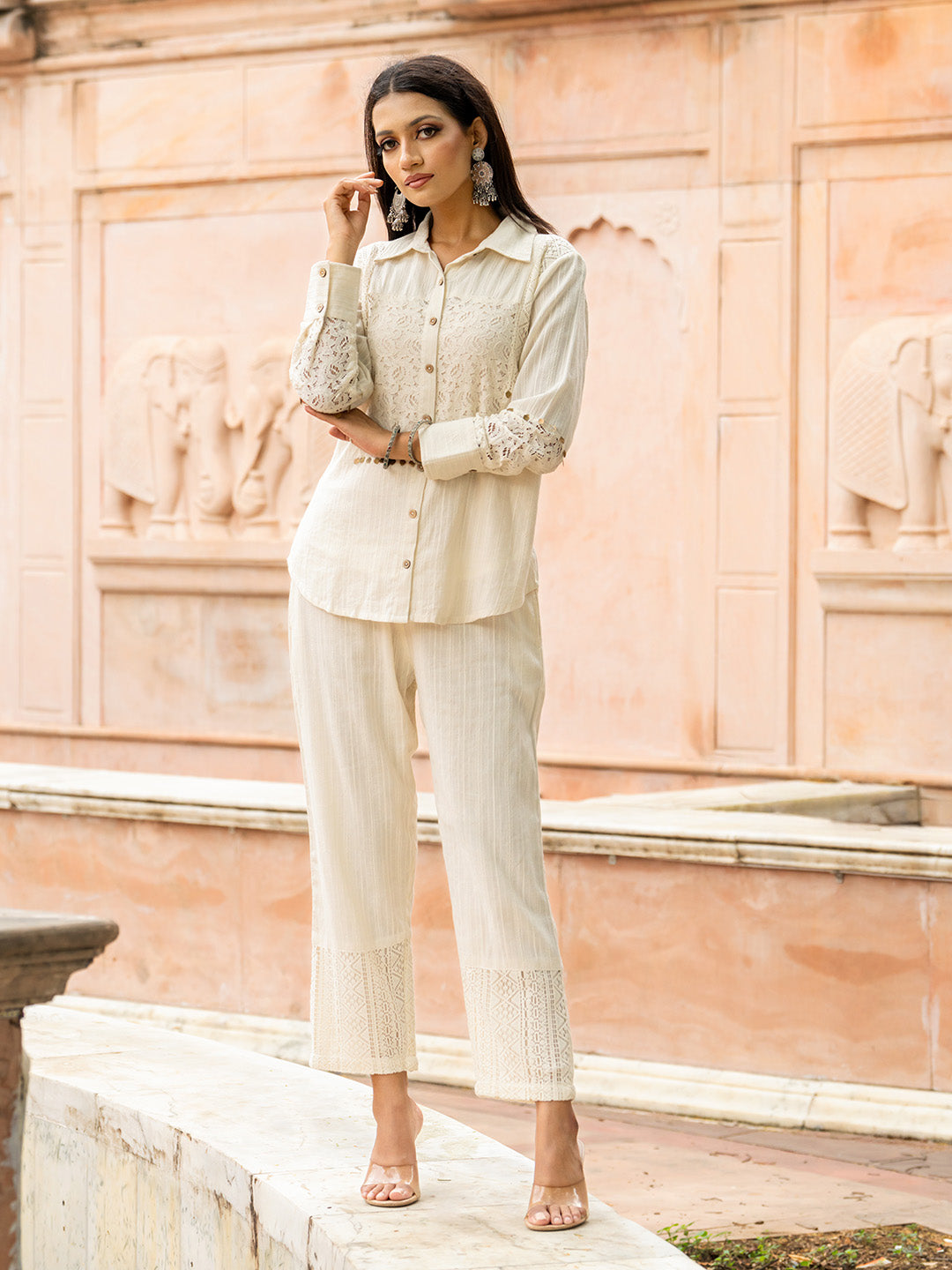 Lace Work Cotton Blend Shirt With Pant