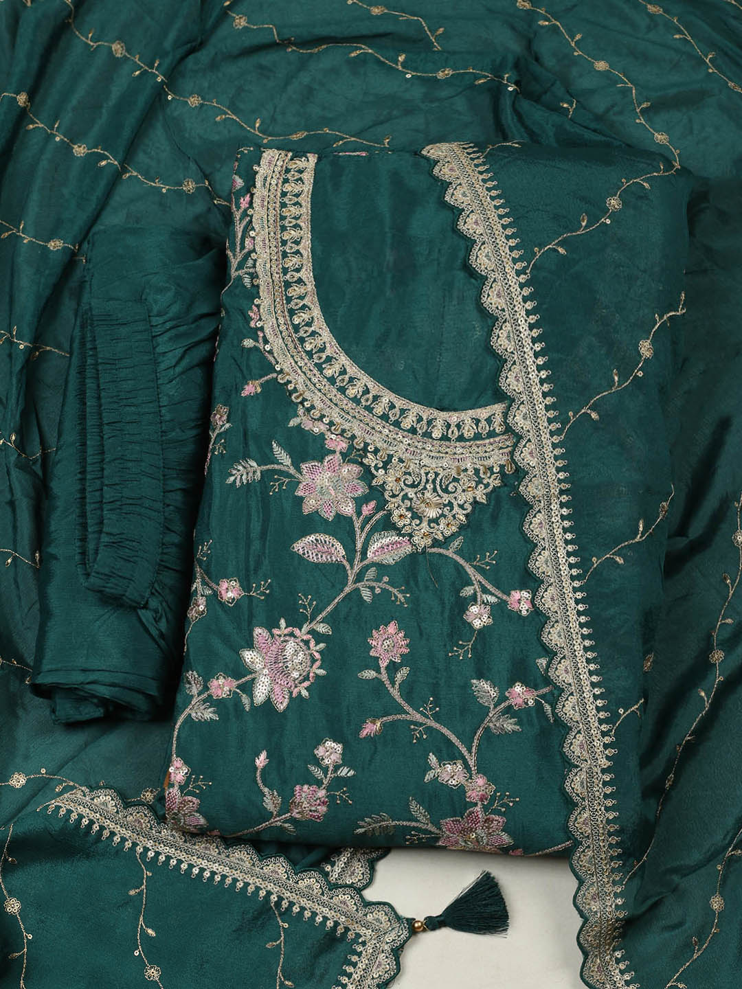 Embroidered Chinon Unstitched Suit With Pant &amp; Dupatta