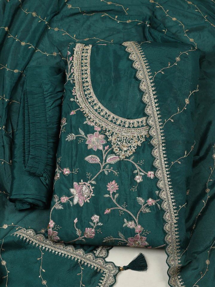 Embroidered Chinon Unstitched Suit With Pant &amp; Dupatta