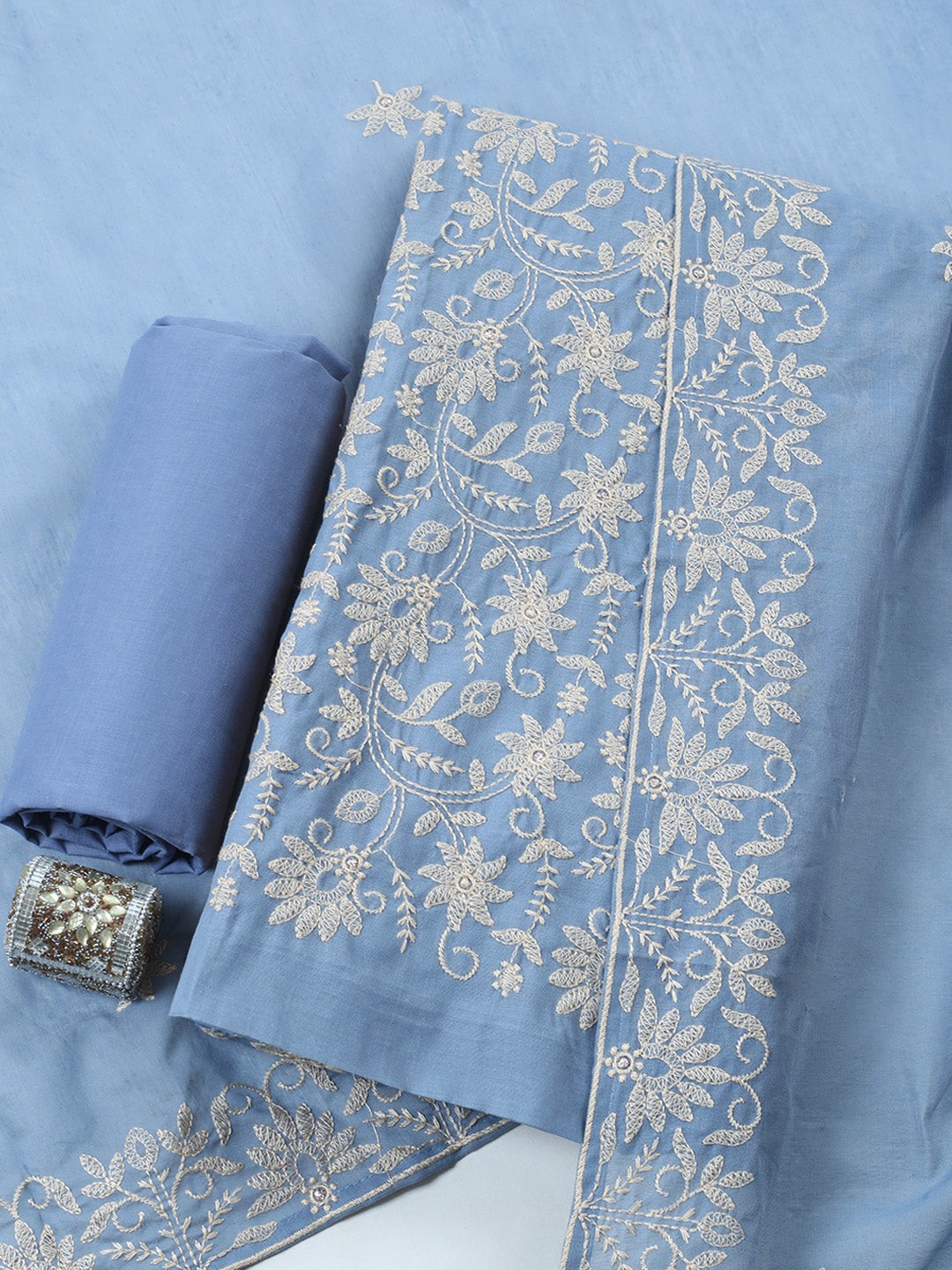 Embroidered, Cotton Blend Unstitched Suit With Pant &amp; Dupatta
