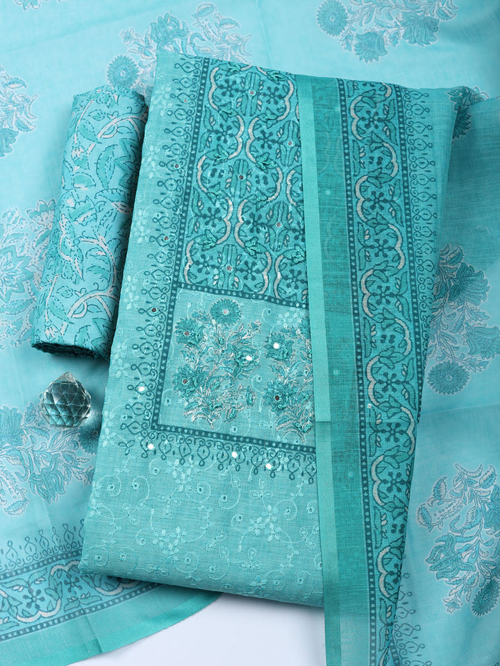 Embroidered Cotton Blend Unstitched Suit With Pant &amp; Dupatta
