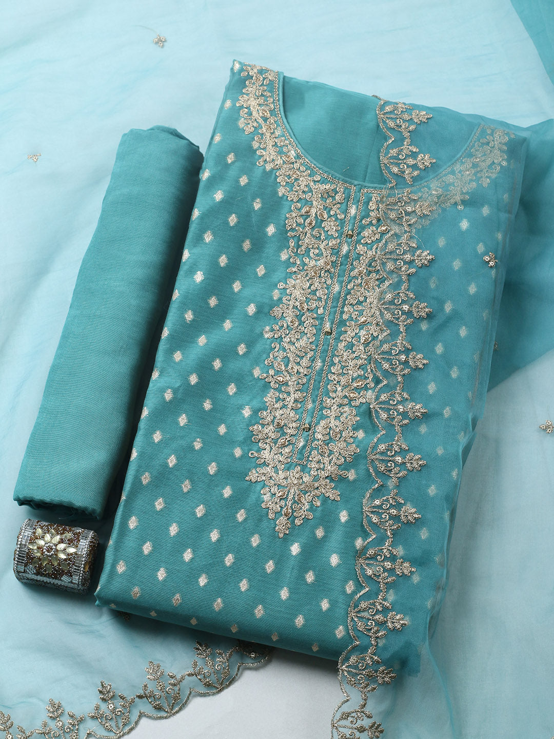 Embroidered Chanderi Unstitched Suit With Pant &amp; Dupatta